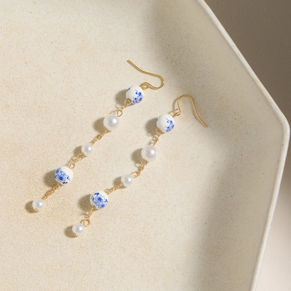 Blue Porcelain and Pearl Drop Earrings