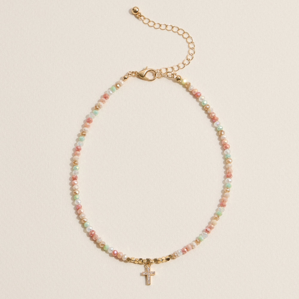 Faceted Bead Anklet with Gold Cross Charm