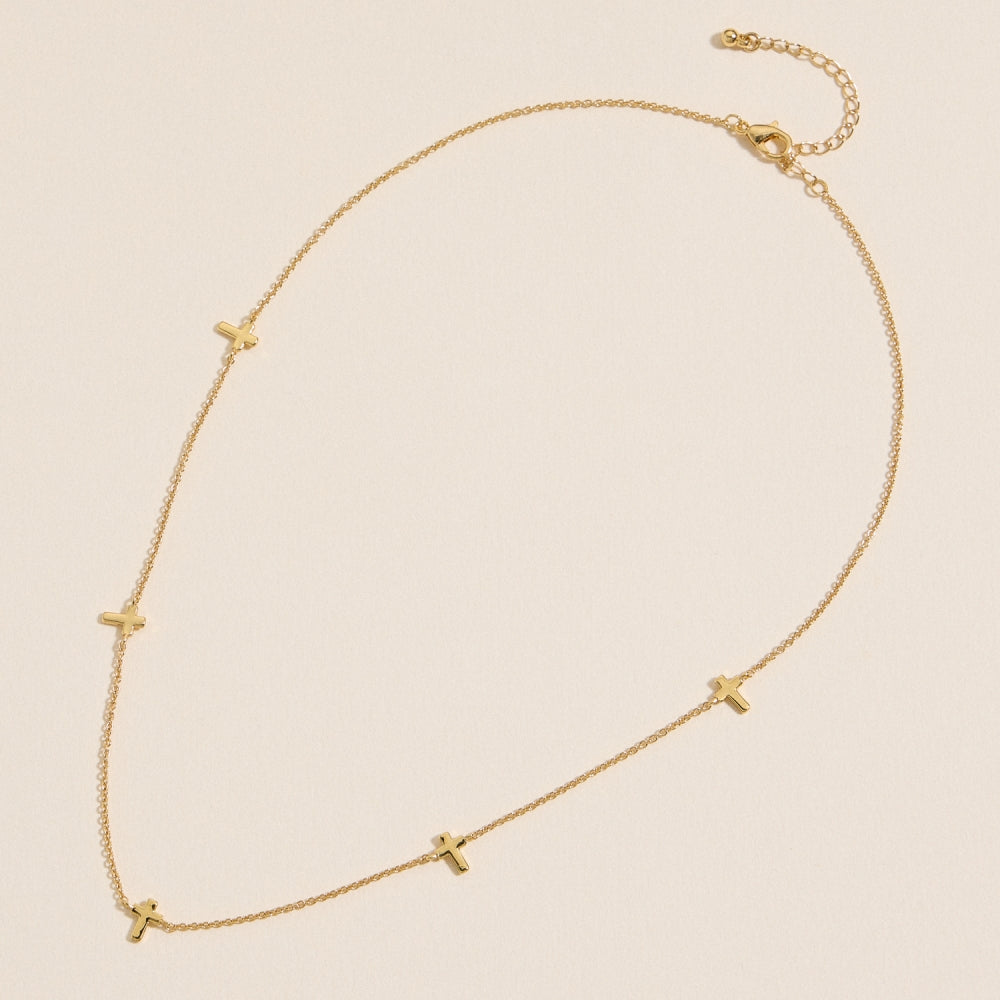 Gold Cross Charm Station Necklace
