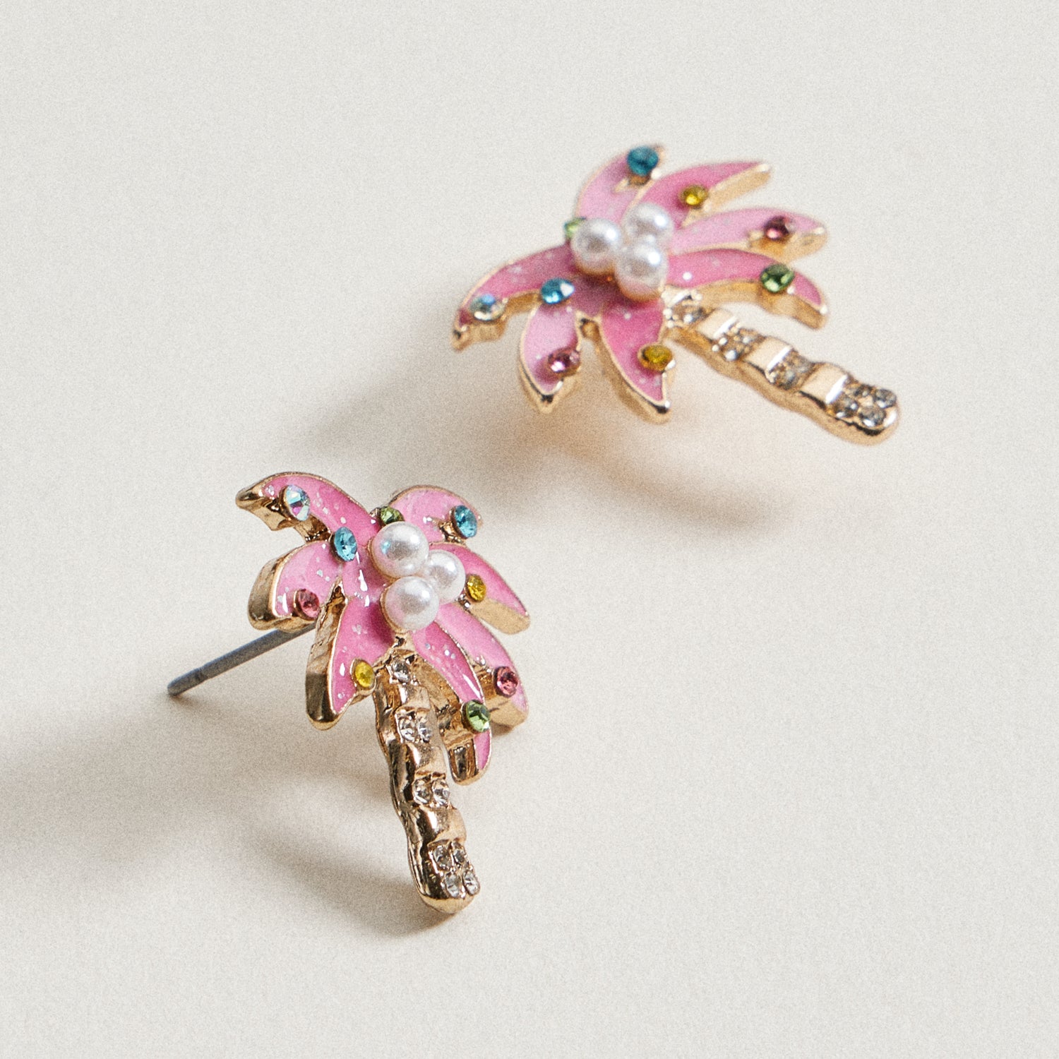 Pink Enamel Palm Tree Stud Earrings | Crystal & Pearl Tropical Earrings
