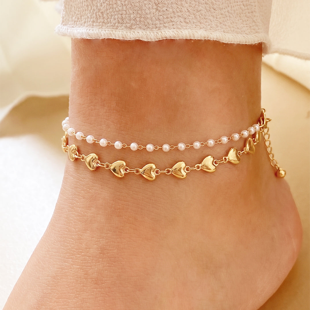 Layered Pearl and Heart Charm Anklet - Frem