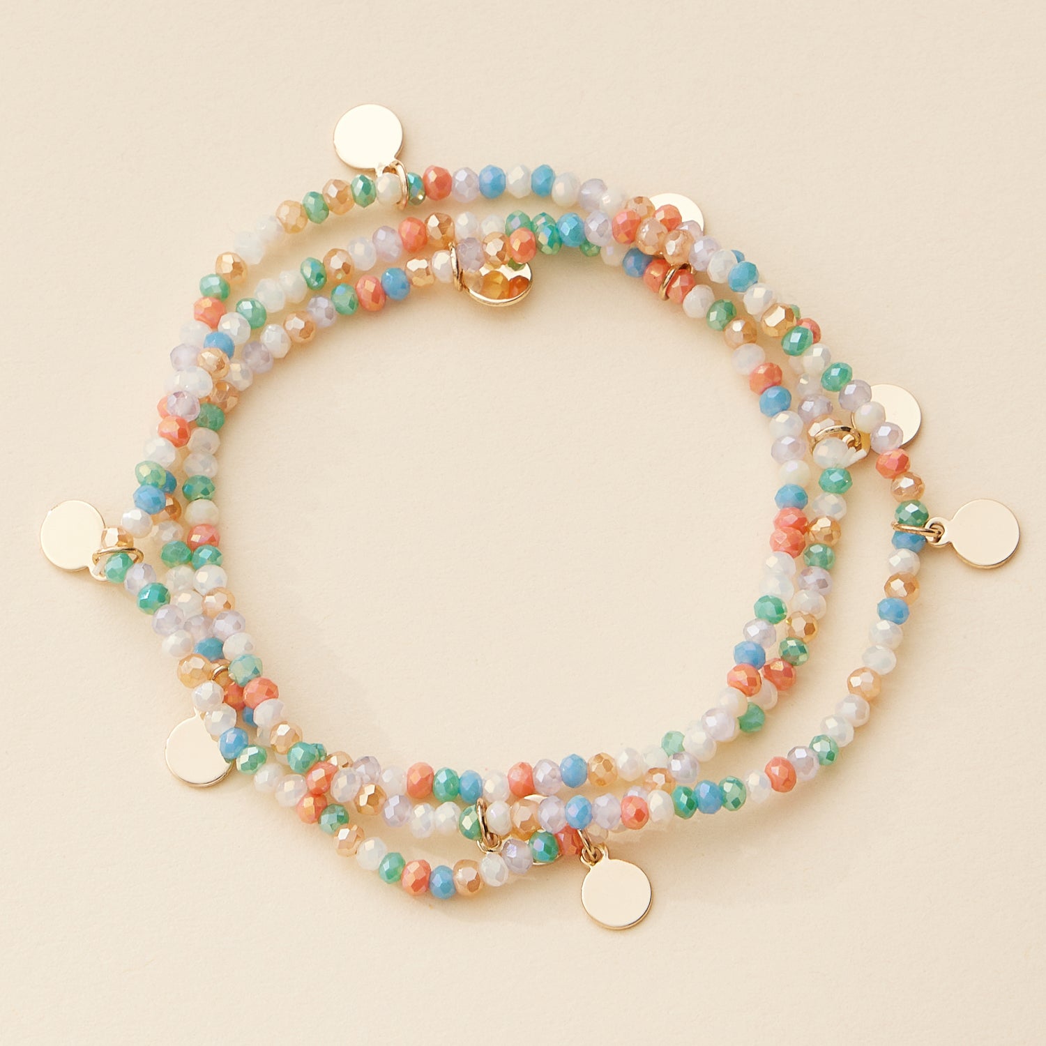 Delicate Beaded Charm Bracelet Set with Gold Disc Accents