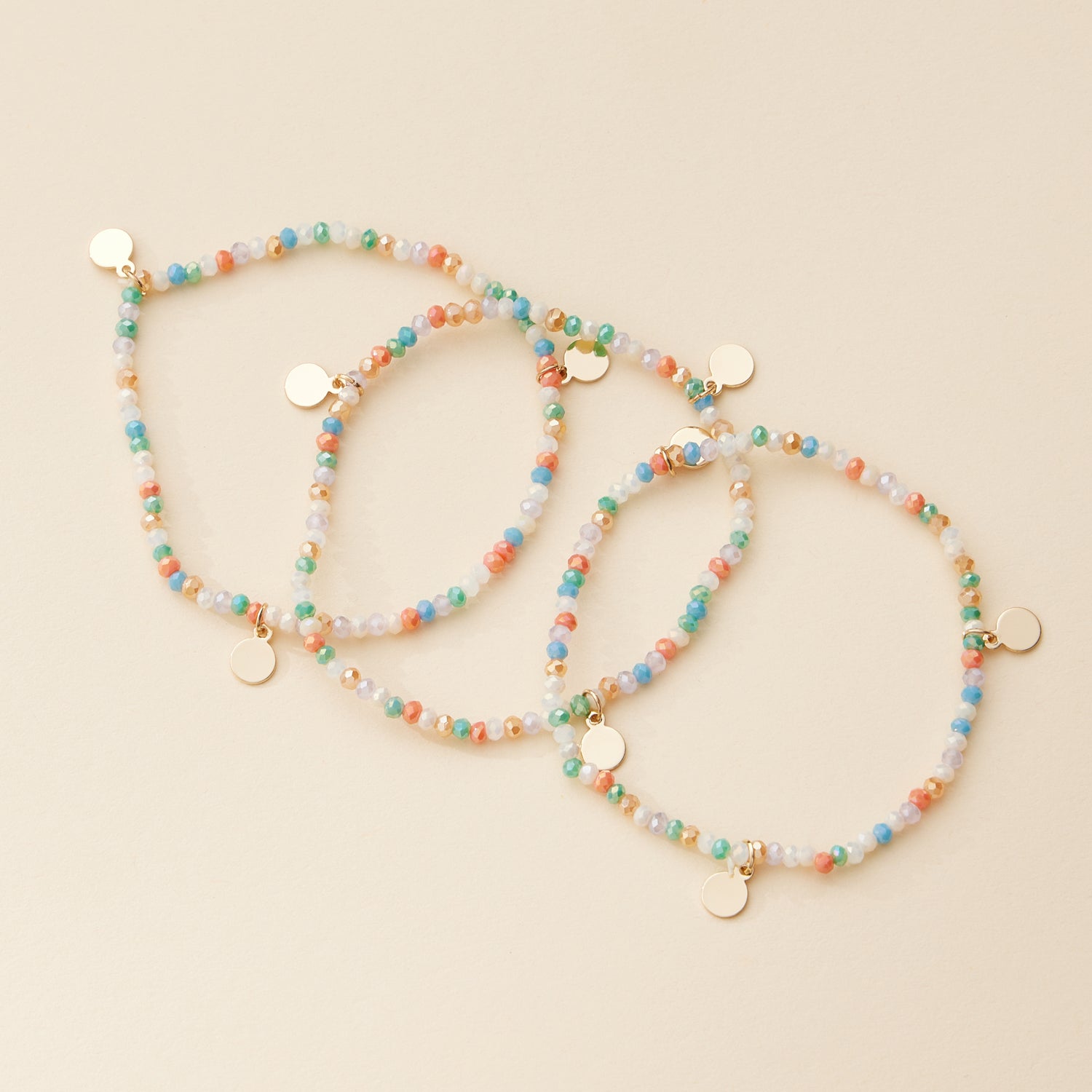 Delicate Beaded Charm Bracelet Set with Gold Disc Accents