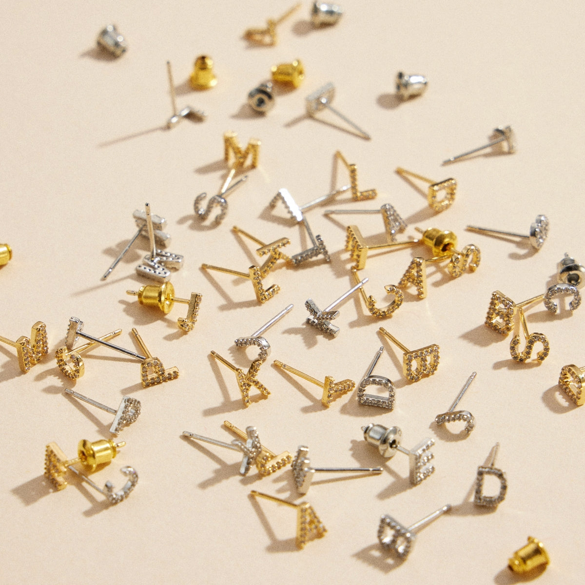 Initial Letter Stud Earrings – 12 Pack Bundle in Gold or Silver