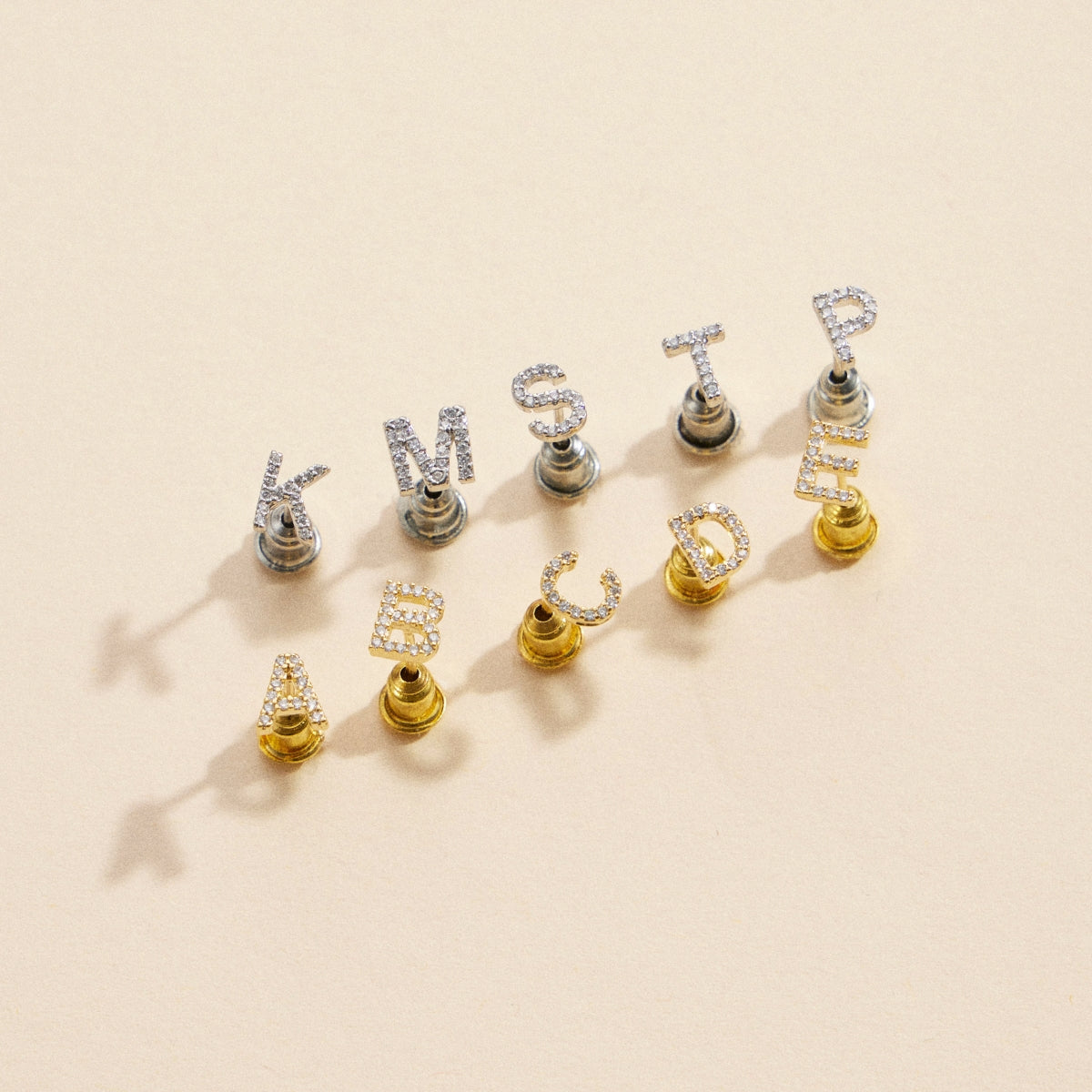 Initial Letter Stud Earrings – 12 Pack Bundle in Gold or Silver