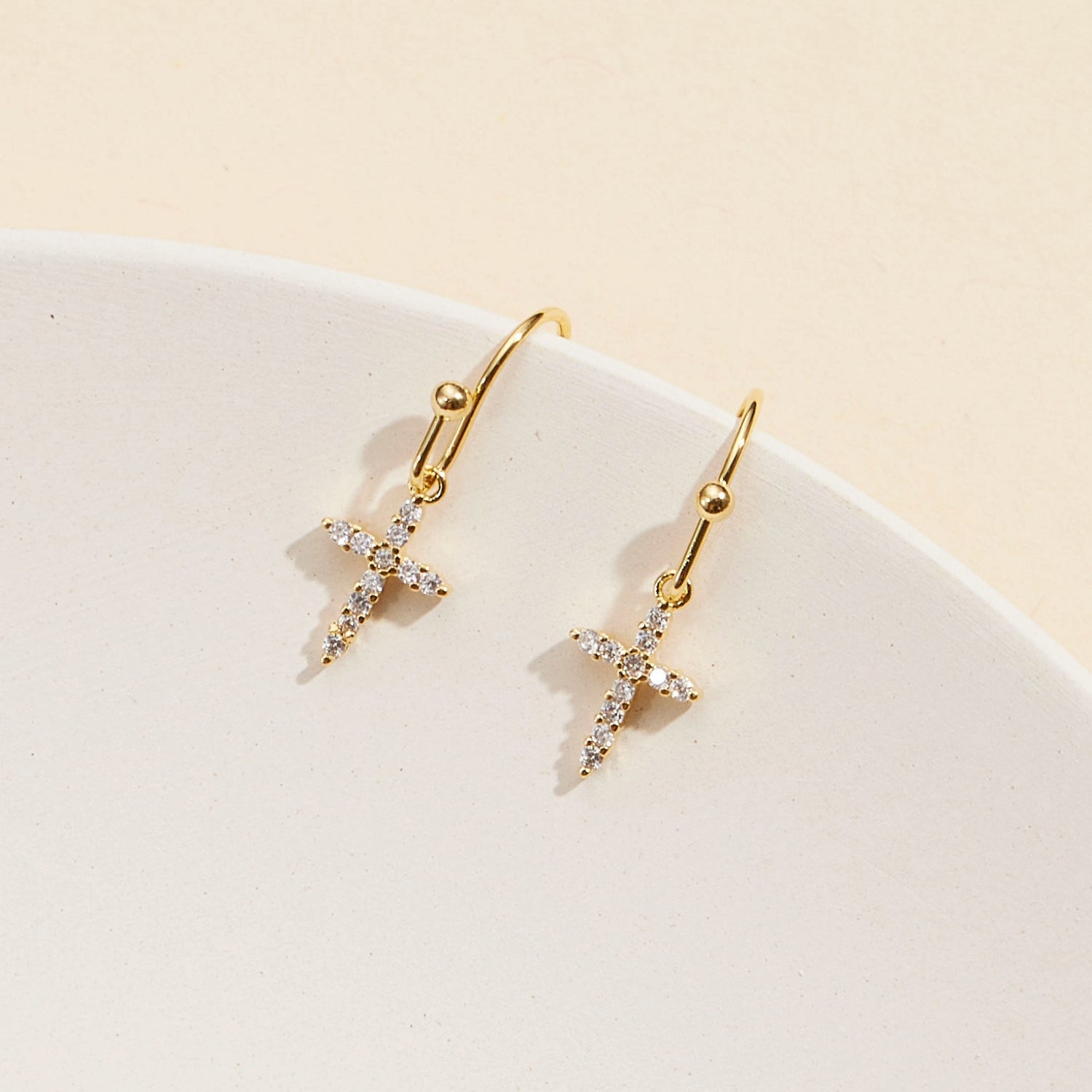 Elegant CZ Cross Gold-Dipped Drop Earrings - Frem
