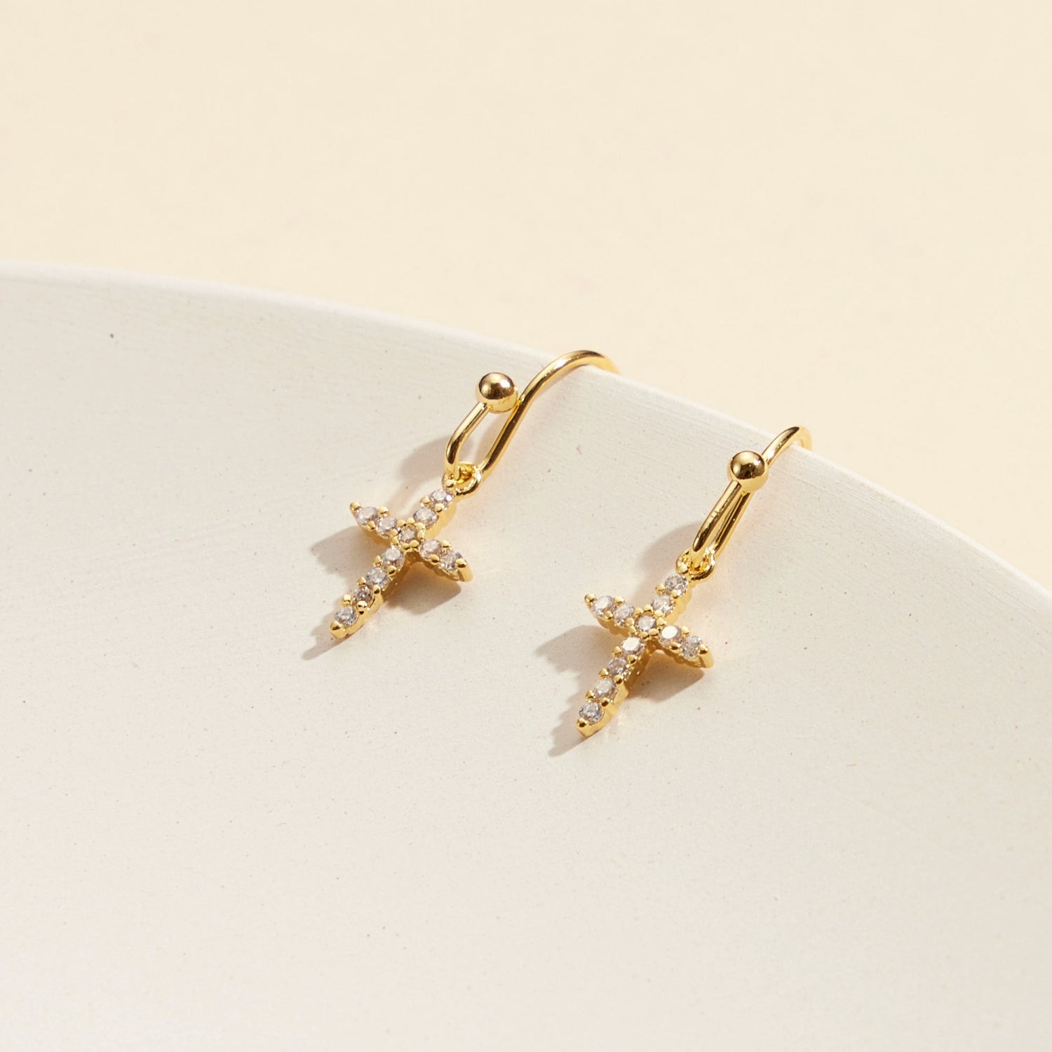 18K Gold Dipped CZ Cross Drop Earrings