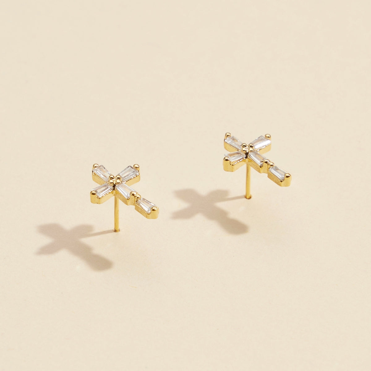 Gold and Silver Cross Stud Earrings with Crystals