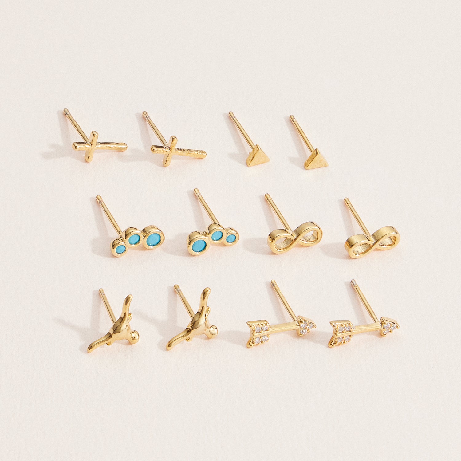 18K Gold-Dipped Stud Earrings with Crosses, Arrows, and Turquoise Accents