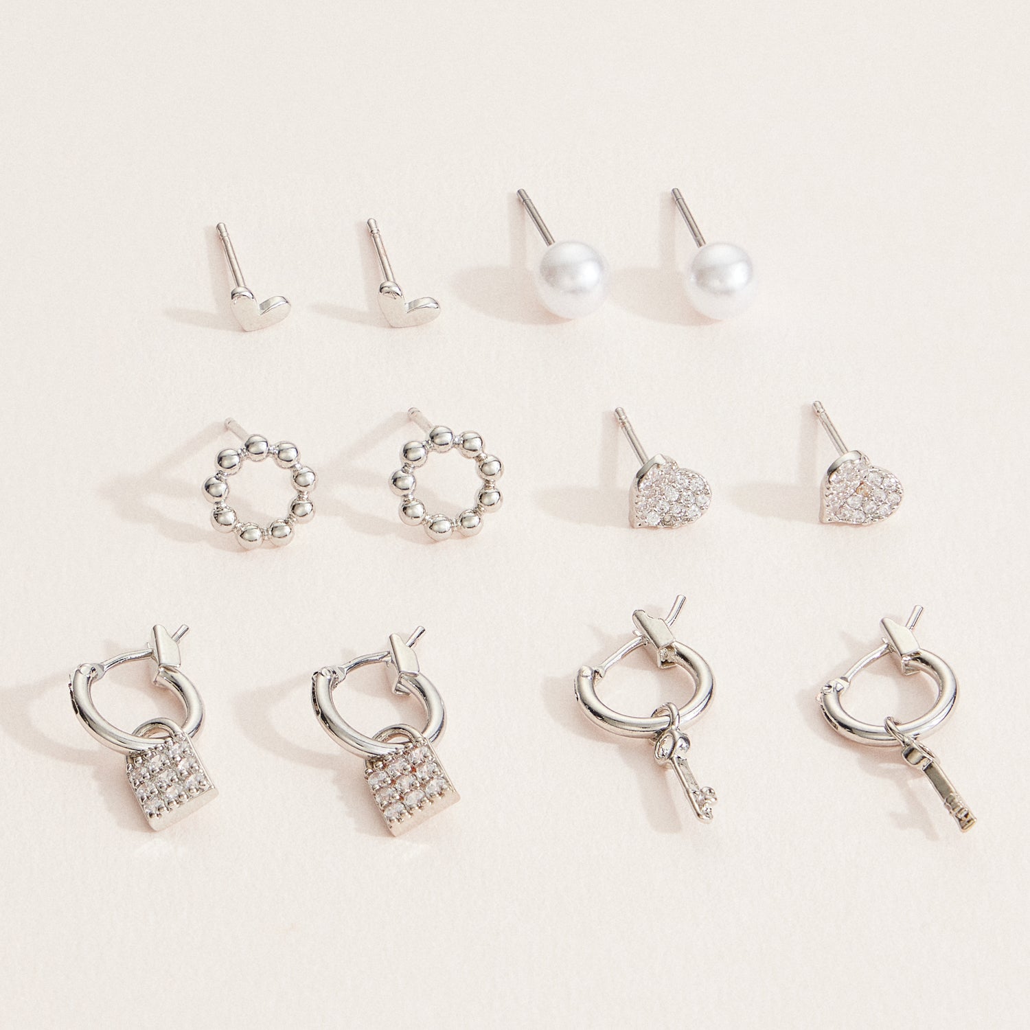 18K Gold Dipped 12-Piece Gold & Silver Earring Set – Lock, Key, Heart & Pearl Collection - Frem