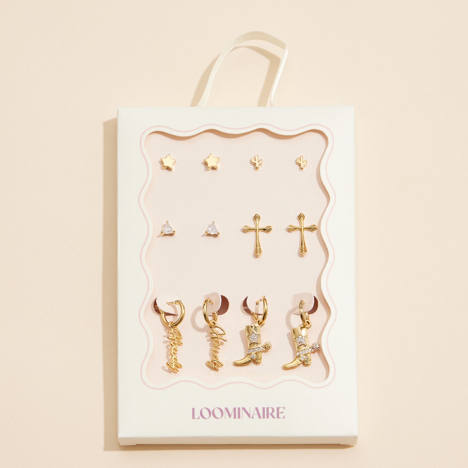 18K Gold Dipped 12-Piece Earring Set – Star, Cactus, Cross & Western Charms