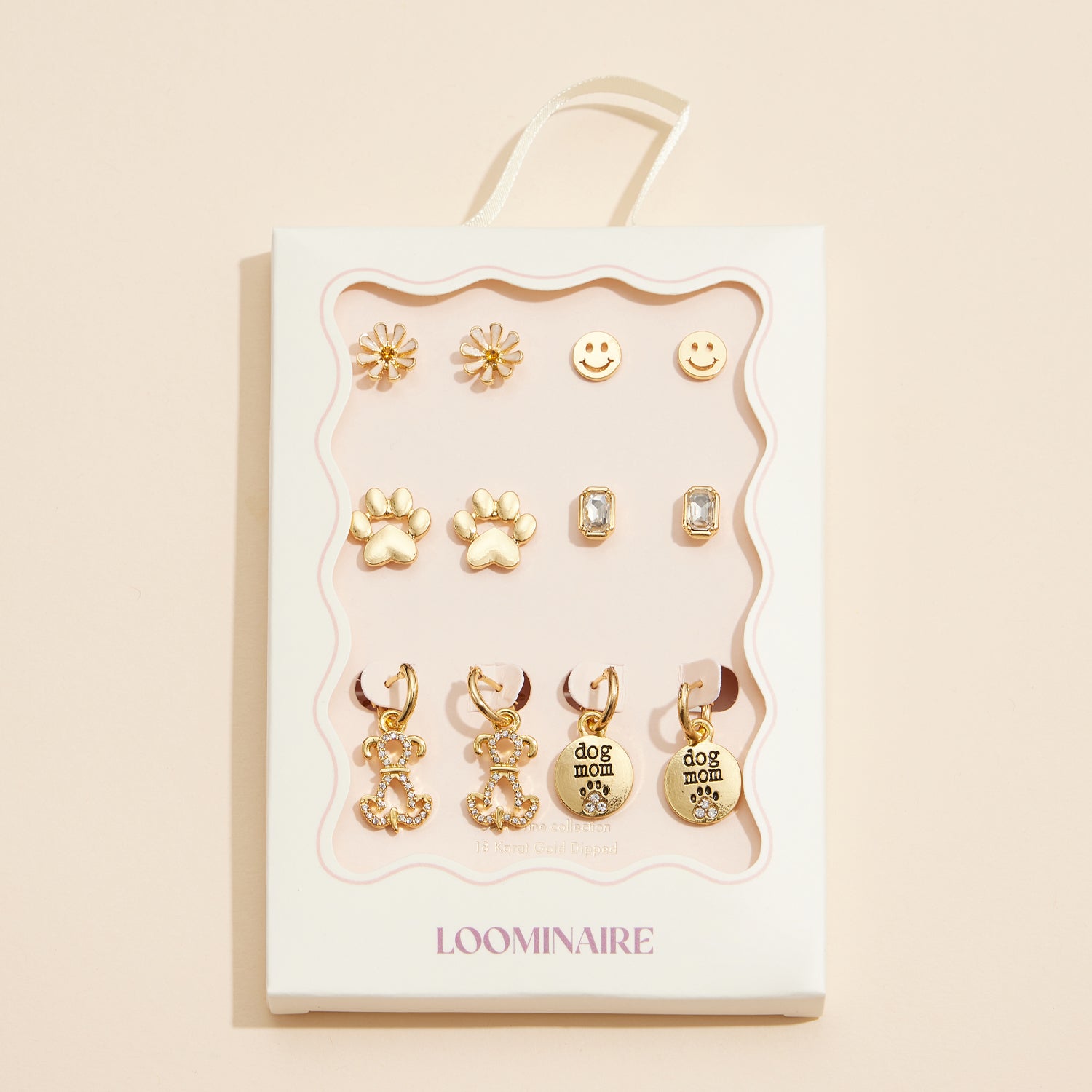 18K Gold Dipped 6-Piece Earring Set – Daisy, Paw Print, Dog Mom & Smiley Charms