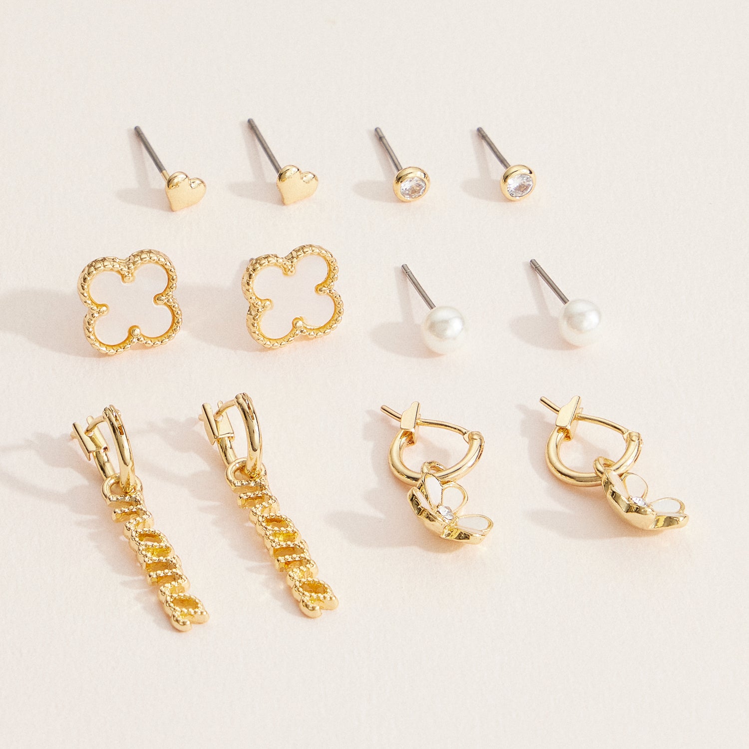 18K Gold Dipped 12-Piece Earring Set – Pearl, Heart, Clover & Daisy Charms