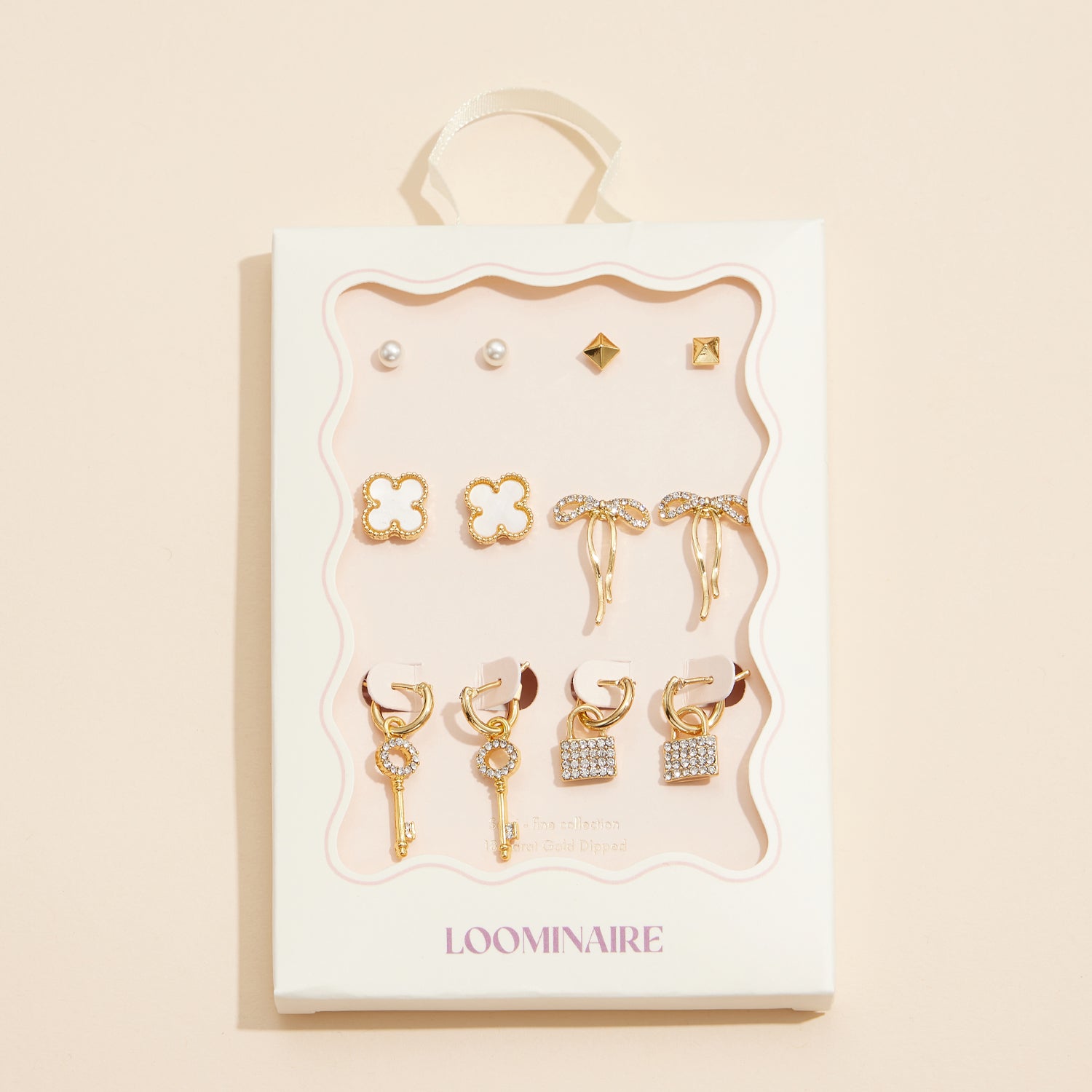 18K Gold Dipped 12-Piece Earring Set – Key, Lock, Bow & Clover Charms