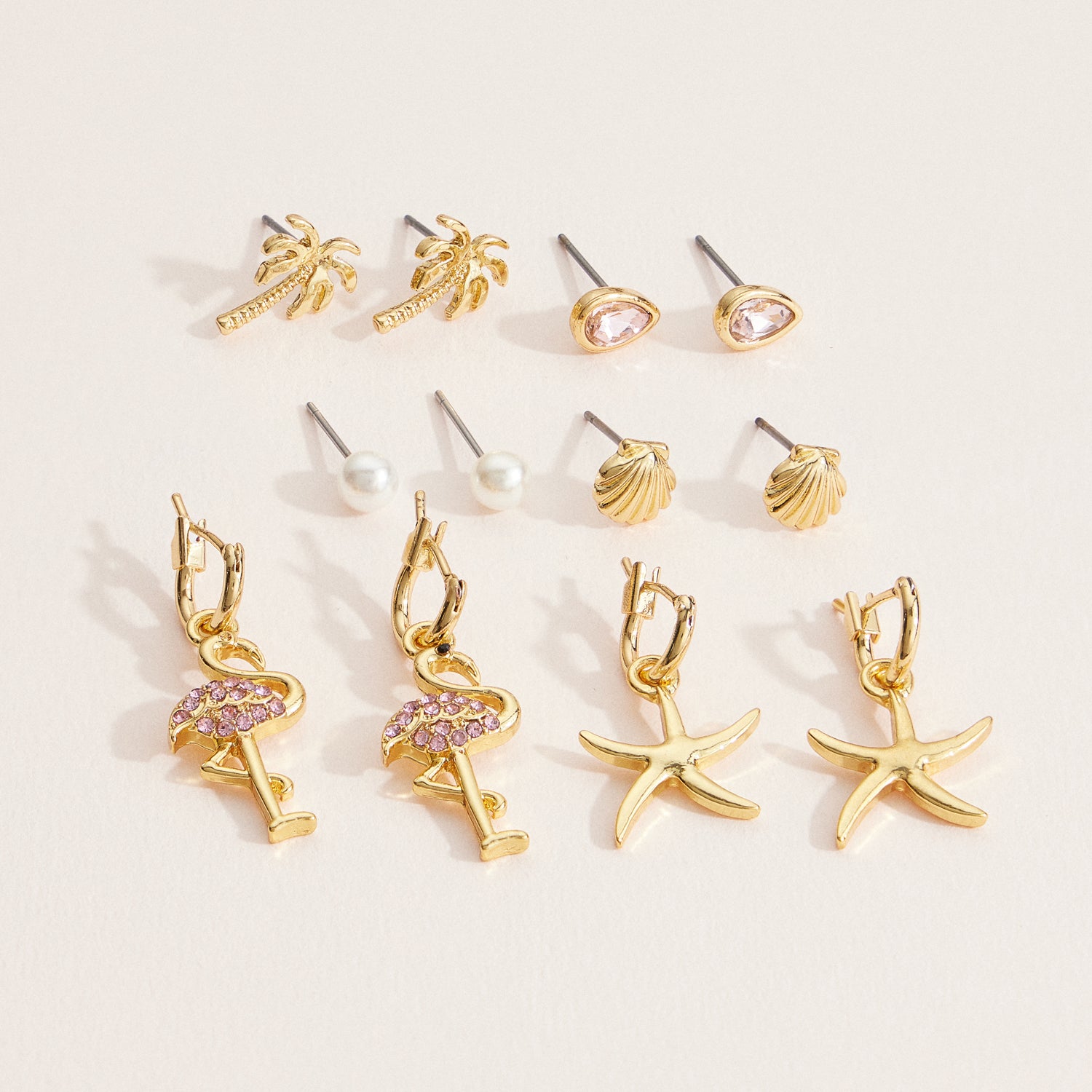 18K Gold Dipped Earring Set – Seashell, Palm Tree, Starfish & Flamingo Charms