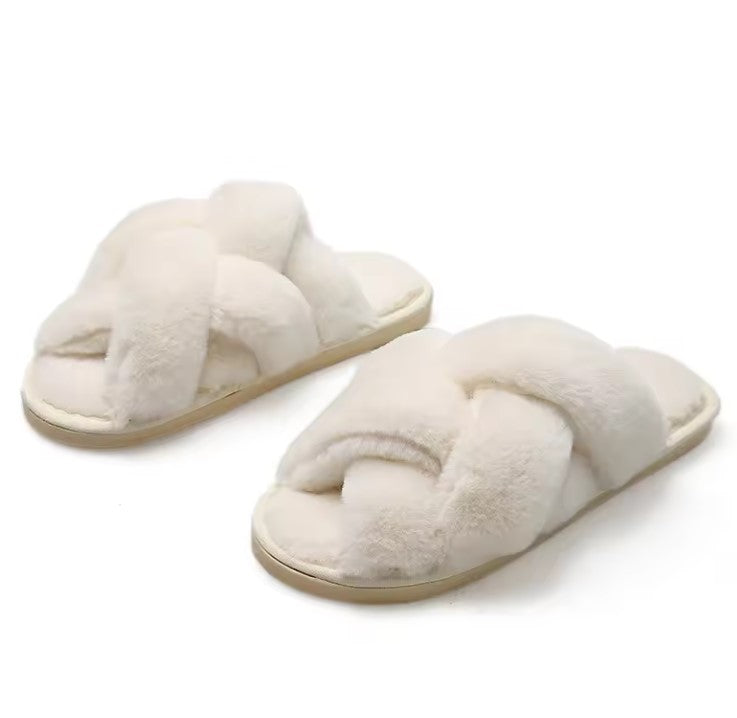 Plush Faux Fur Cross Band Slippers | Cozy Open Toe House Shoes