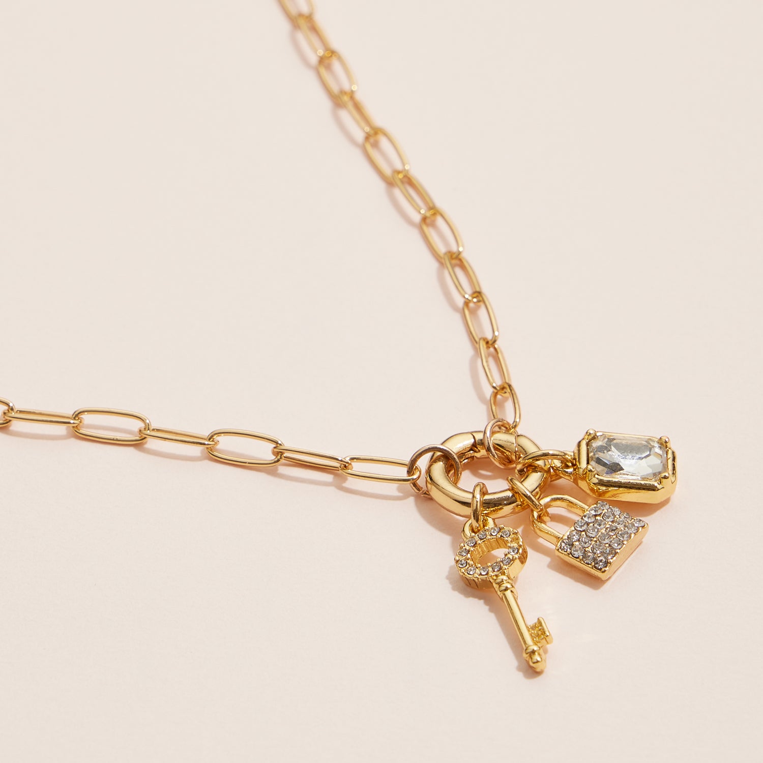 Key Charm Necklace with Gemstone Accents in 18K Gold Dipped Finish