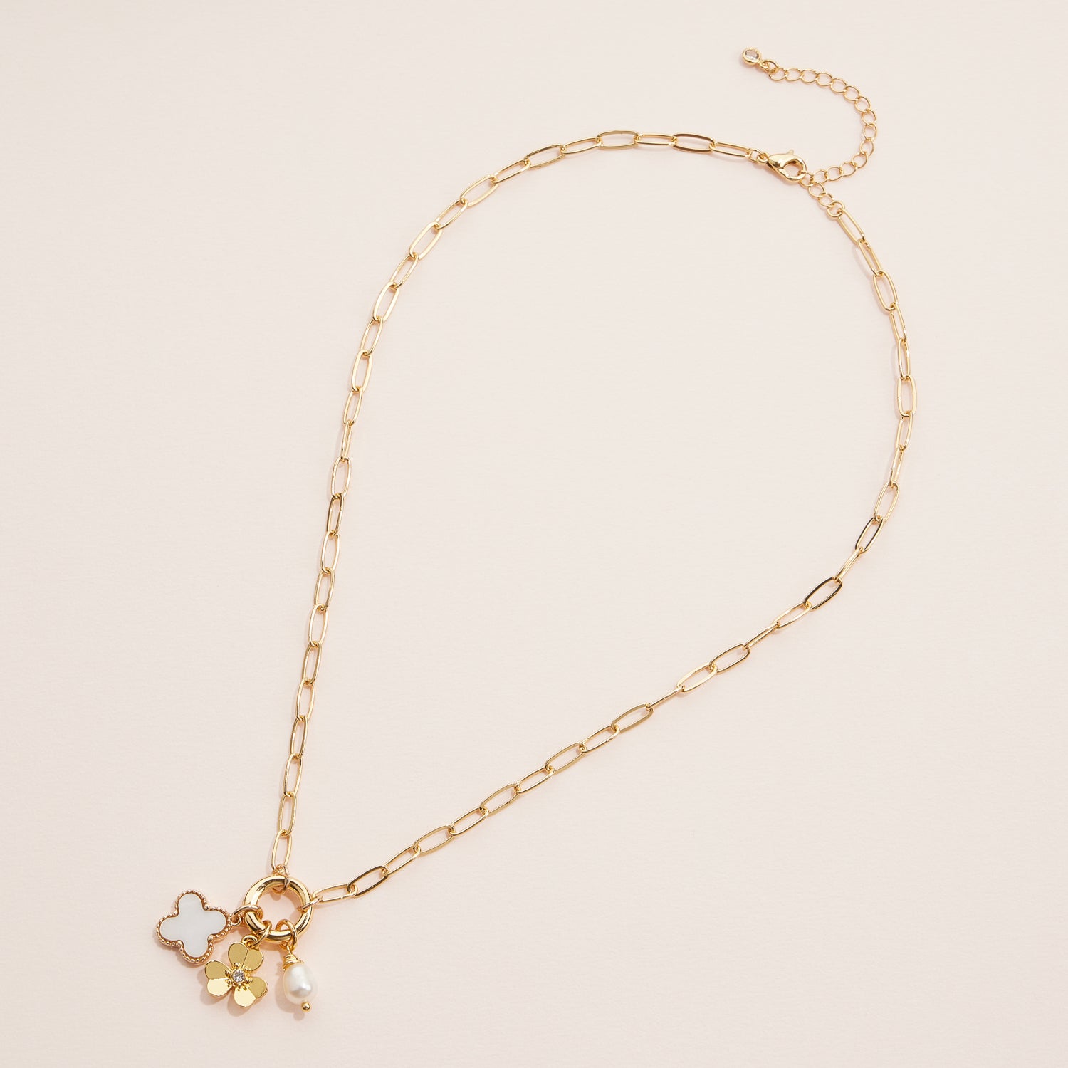 Gold Dipped Necklace with Charms and Pearl Accent