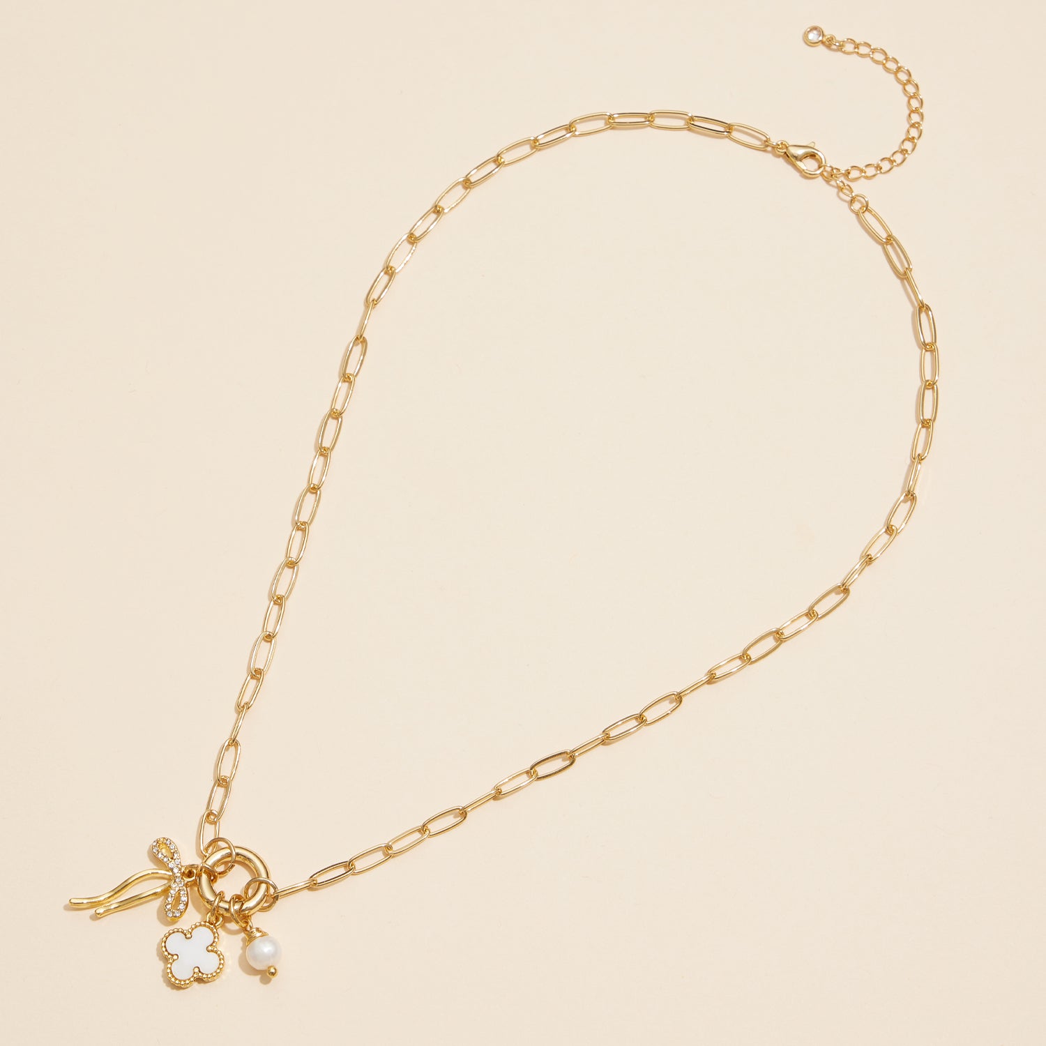 Bow Charm Necklace with Clover and Pearl in 18K Gold Dipped Finish