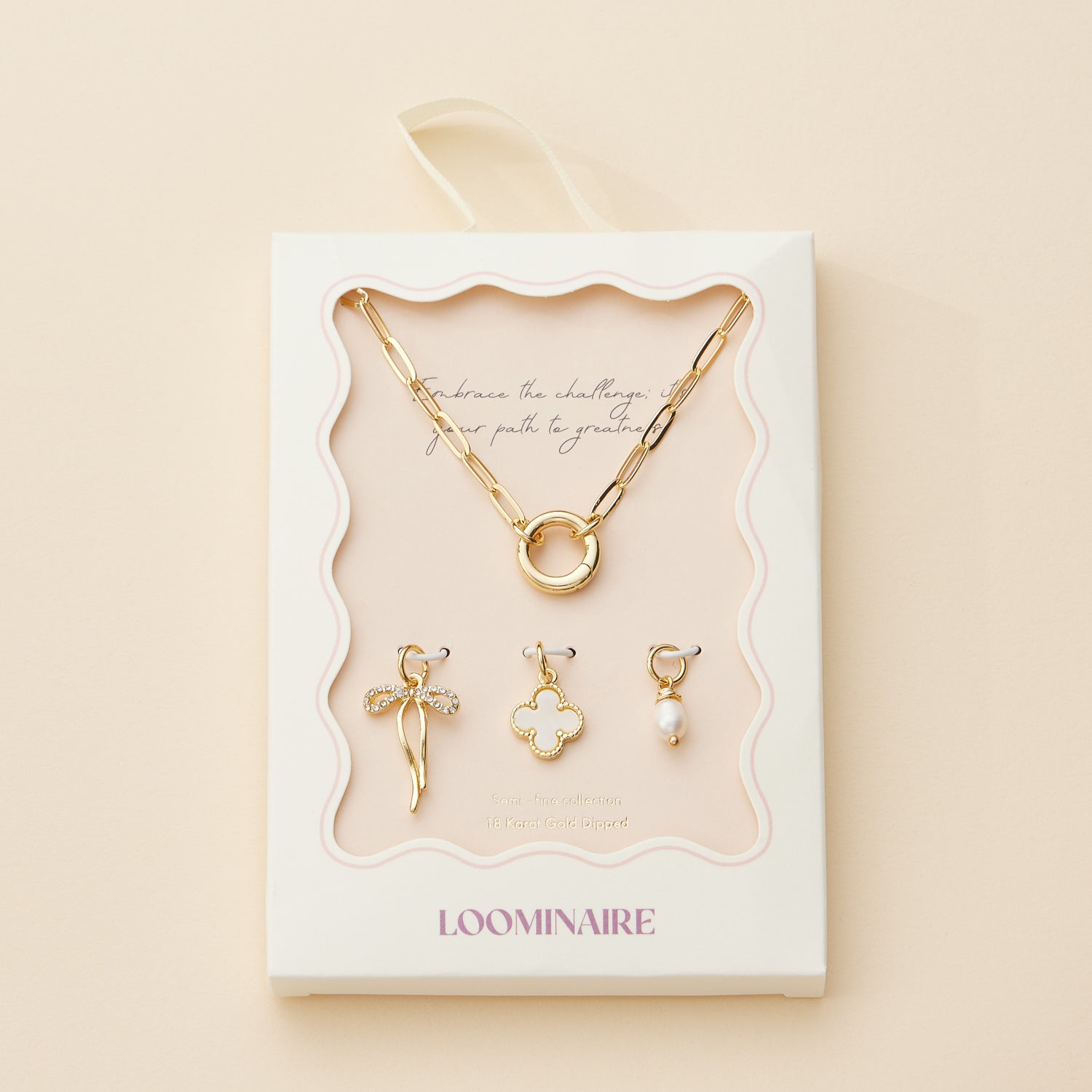 Bow Charm Necklace with Clover and Pearl in 18K Gold Dipped Finish