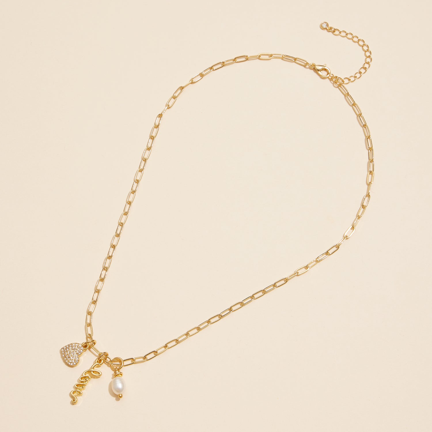 18K Gold Dipped Necklace with "Love" Pendant, Heart, and Pearl Details