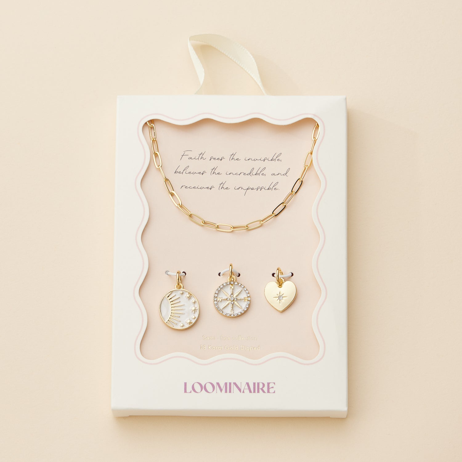 18K Gold Dipped Celestial Necklace with Heart, Sun, and Compass Charms
