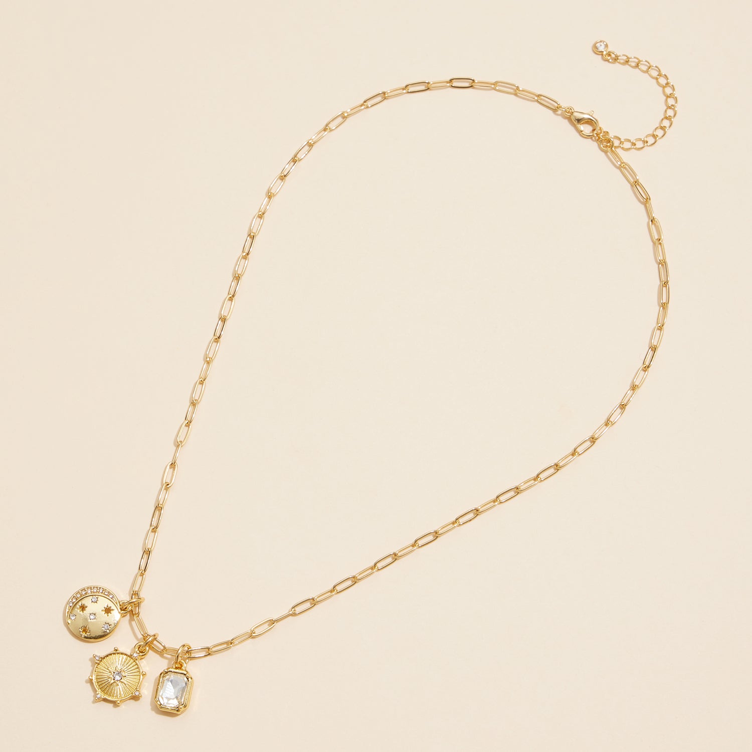 18K Gold Dipped Celestial Pendant Necklace with Sun and Moon Charms