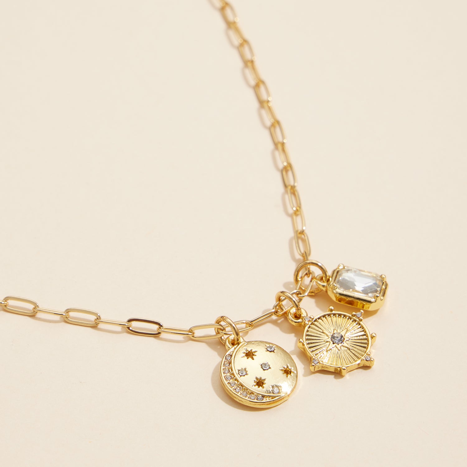 18K Gold Dipped Celestial Pendant Necklace with Sun and Moon Charms