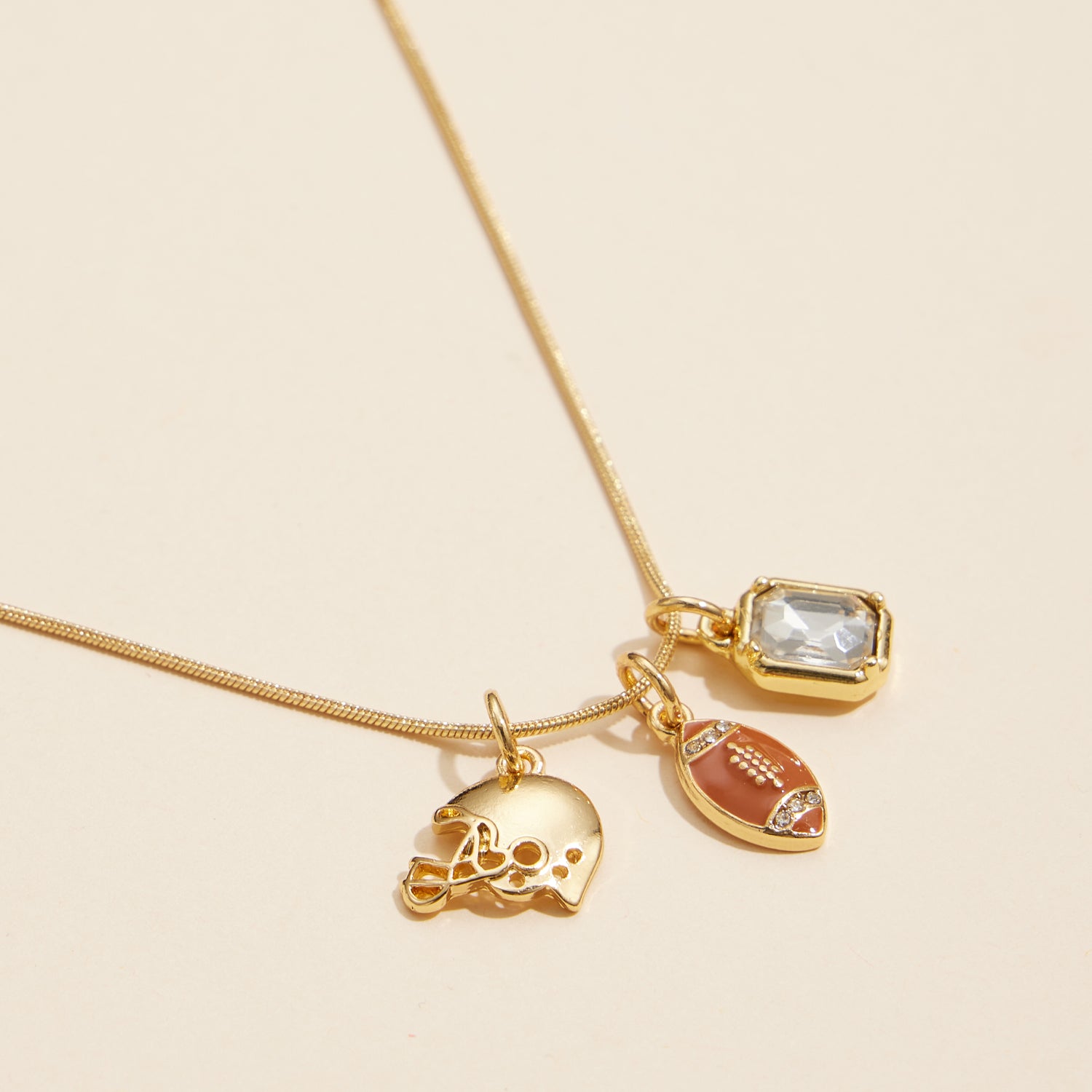 18K Gold Dipped Football Necklace with Helmet and Gemstone Charm