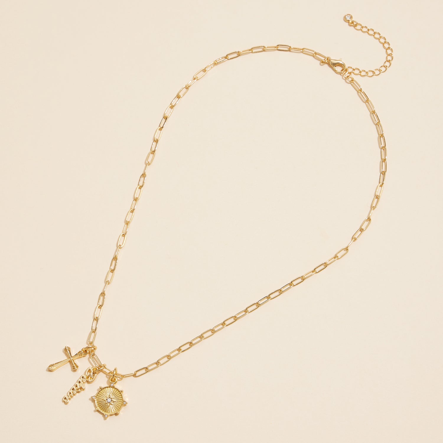 18K Gold Dipped Necklace with Cross, Believe, and Compass Charms