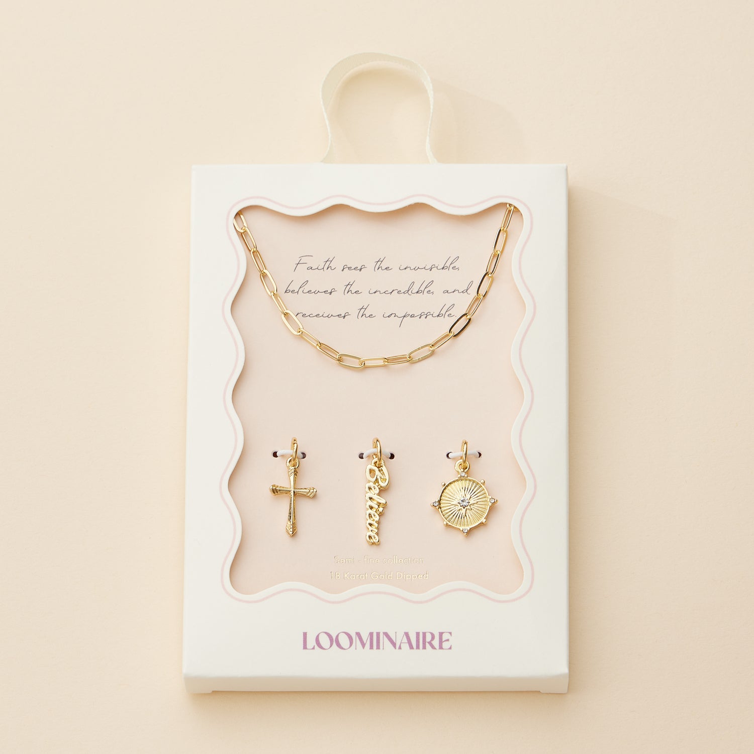 18K Gold Dipped Necklace with Cross, Believe, and Compass Charms