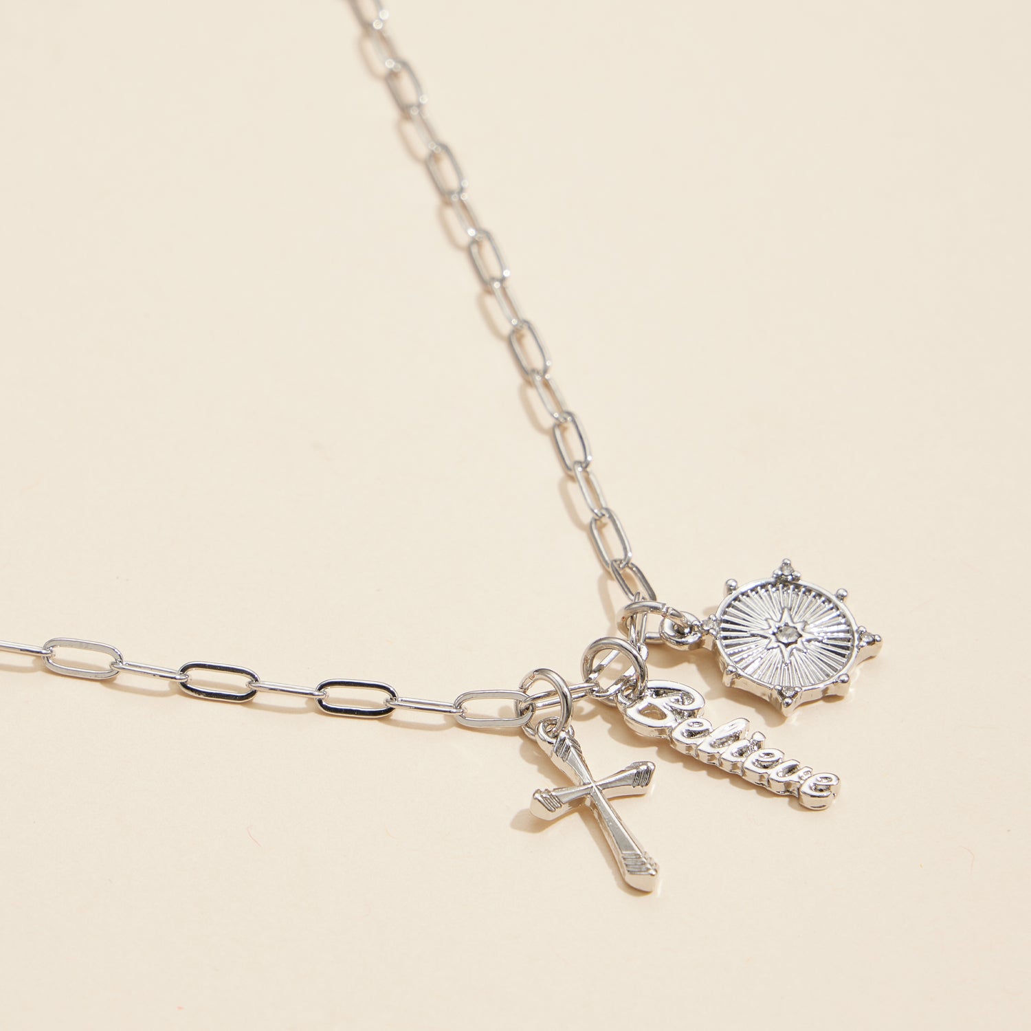 18K Gold Dipped Necklace with Cross, Believe, and Compass Charms