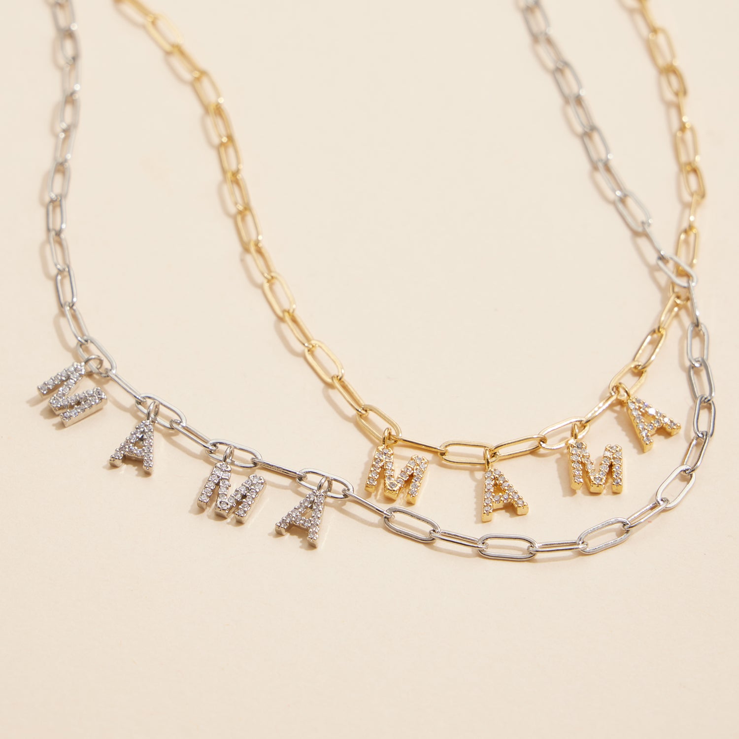 "MAMA" 18K Gold Cubic Zirconia Charm Necklace