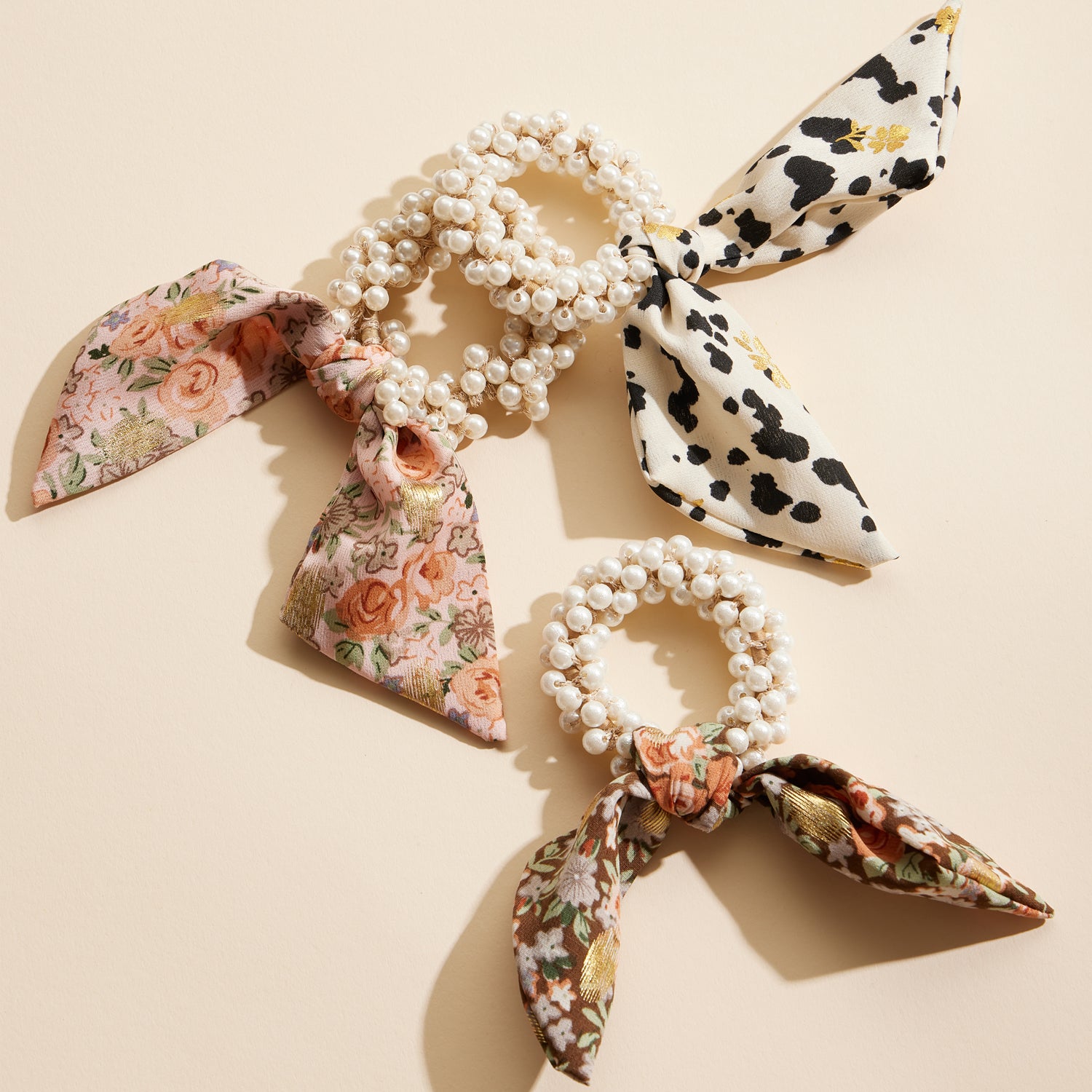 Pearl Hair Tie with Flowing Floral Scarf