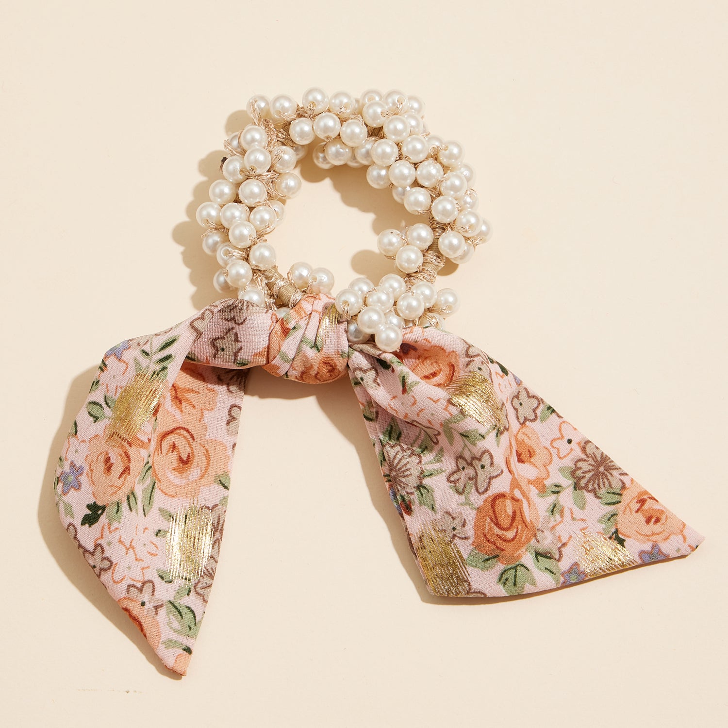 Pearl Hair Tie with Flowing Floral Scarf
