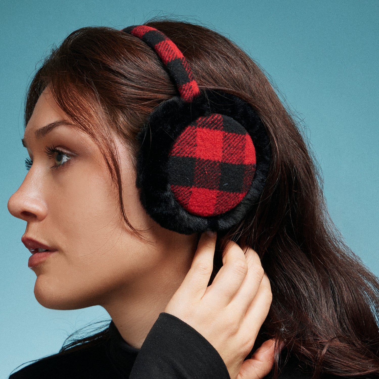 Plaid Pattern Earmuffs with Faux Fur Trim – Cozy Winter Ear Warmers