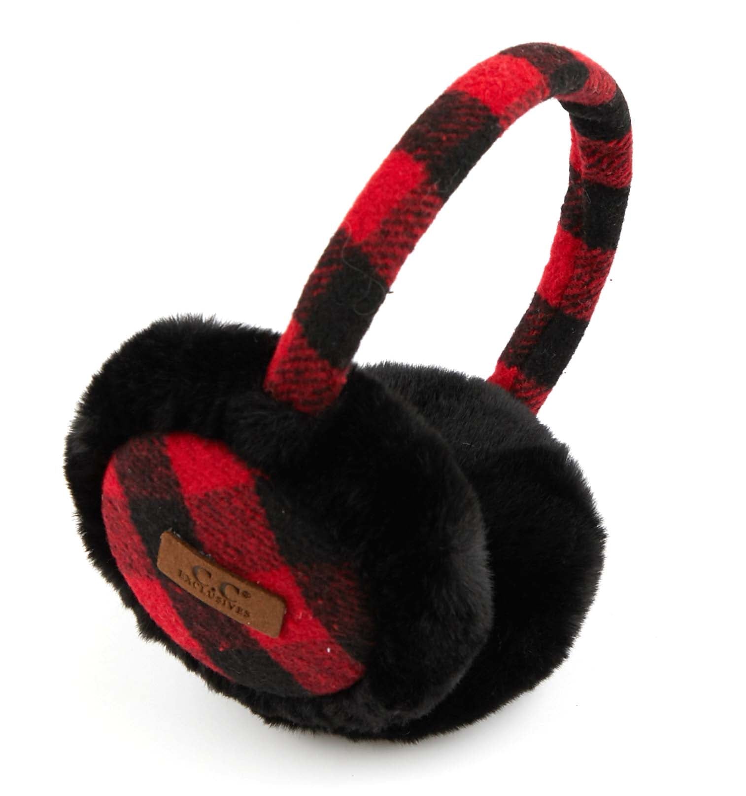 Plaid Pattern Earmuffs with Faux Fur Trim – Cozy Winter Ear Warmers