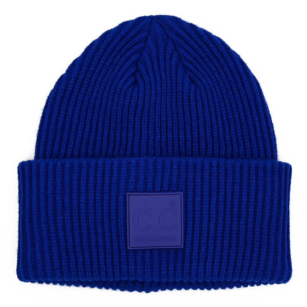 Solid Ribbed Knit Beanie Hat with Rubber Patch – Soft Stretchy Winter Beanie