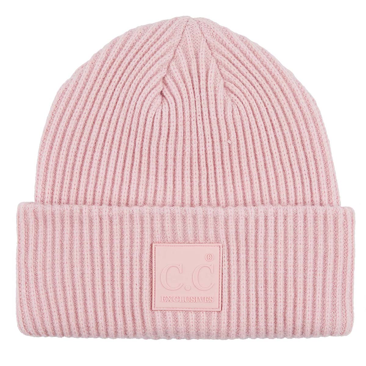 Solid Ribbed Knit Beanie Hat with Rubber Patch – Soft Stretchy Winter Beanie