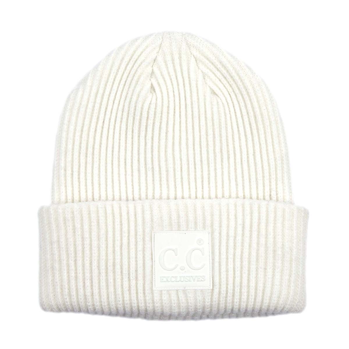Solid Ribbed Knit Beanie Hat with Rubber Patch – Soft Stretchy Winter Beanie