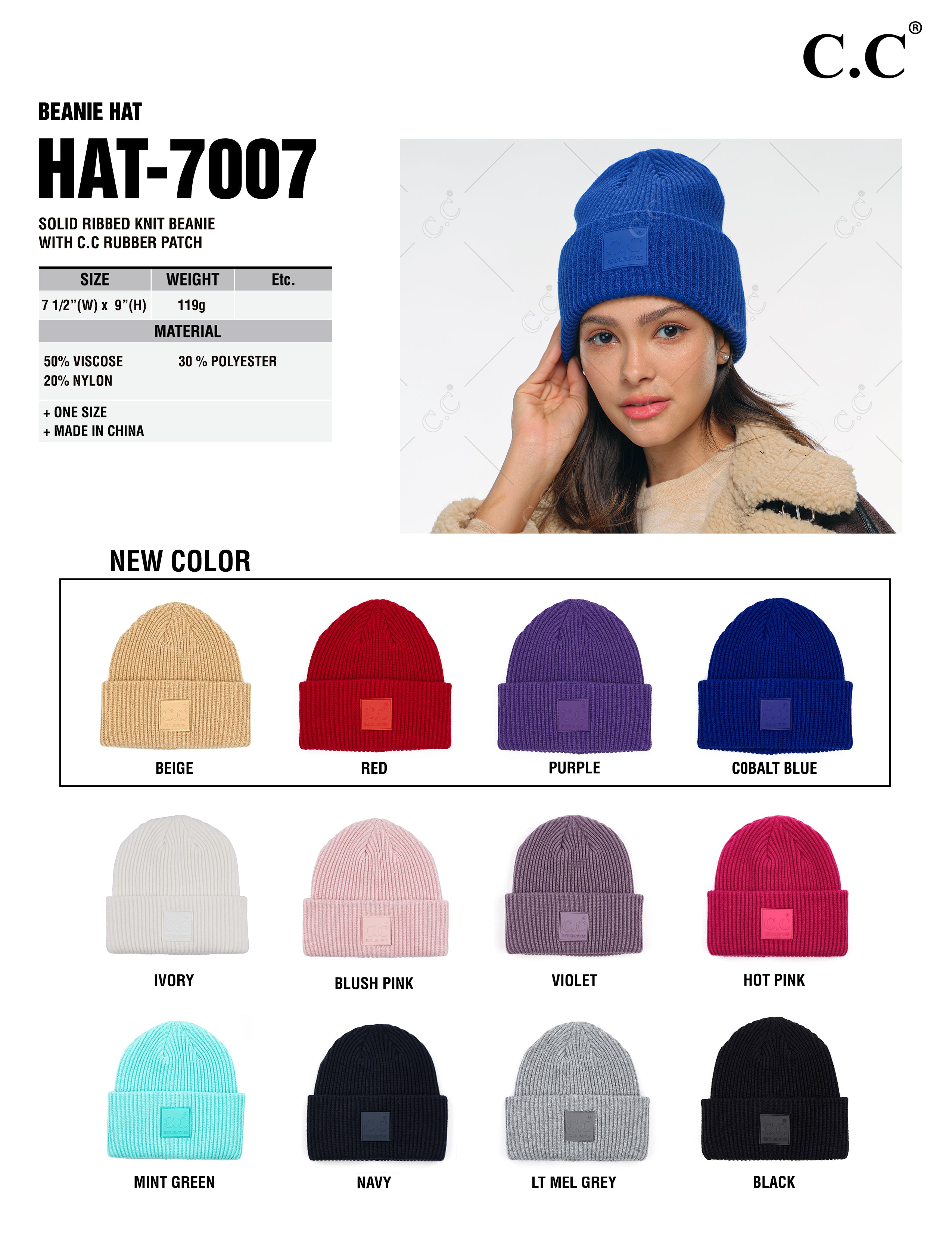 Solid Ribbed Knit Beanie Hat with Rubber Patch – Soft Stretchy Winter Beanie
