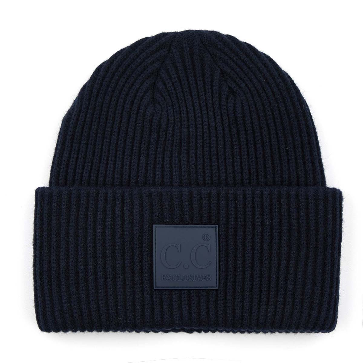 Solid Ribbed Knit Beanie Hat with Rubber Patch – Soft Stretchy Winter Beanie