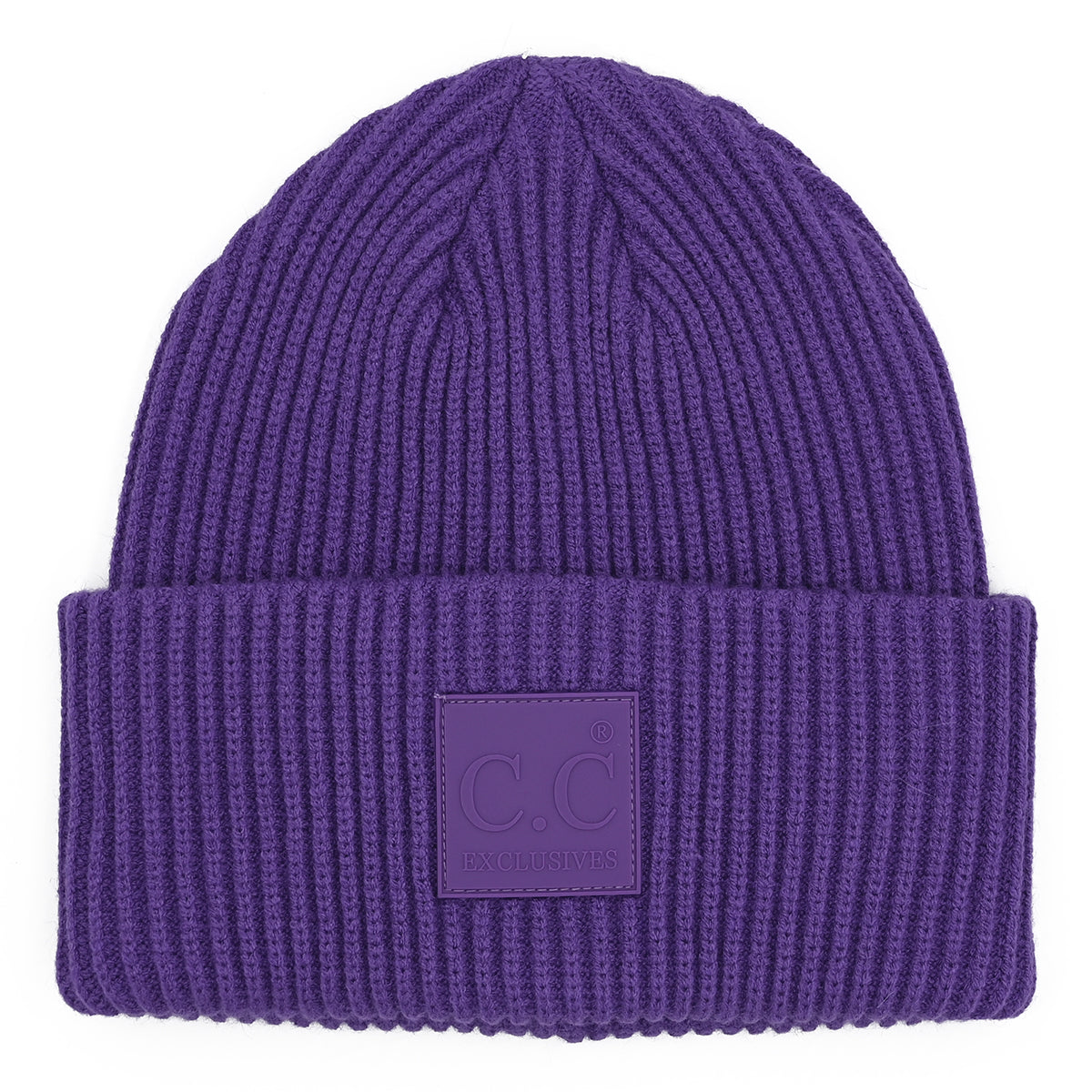 Solid Ribbed Knit Beanie Hat with Rubber Patch – Soft Stretchy Winter Beanie