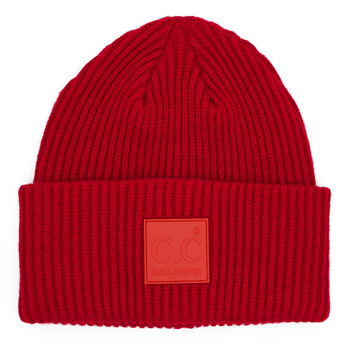 Solid Ribbed Knit Beanie Hat with Rubber Patch – Soft Stretchy Winter Beanie