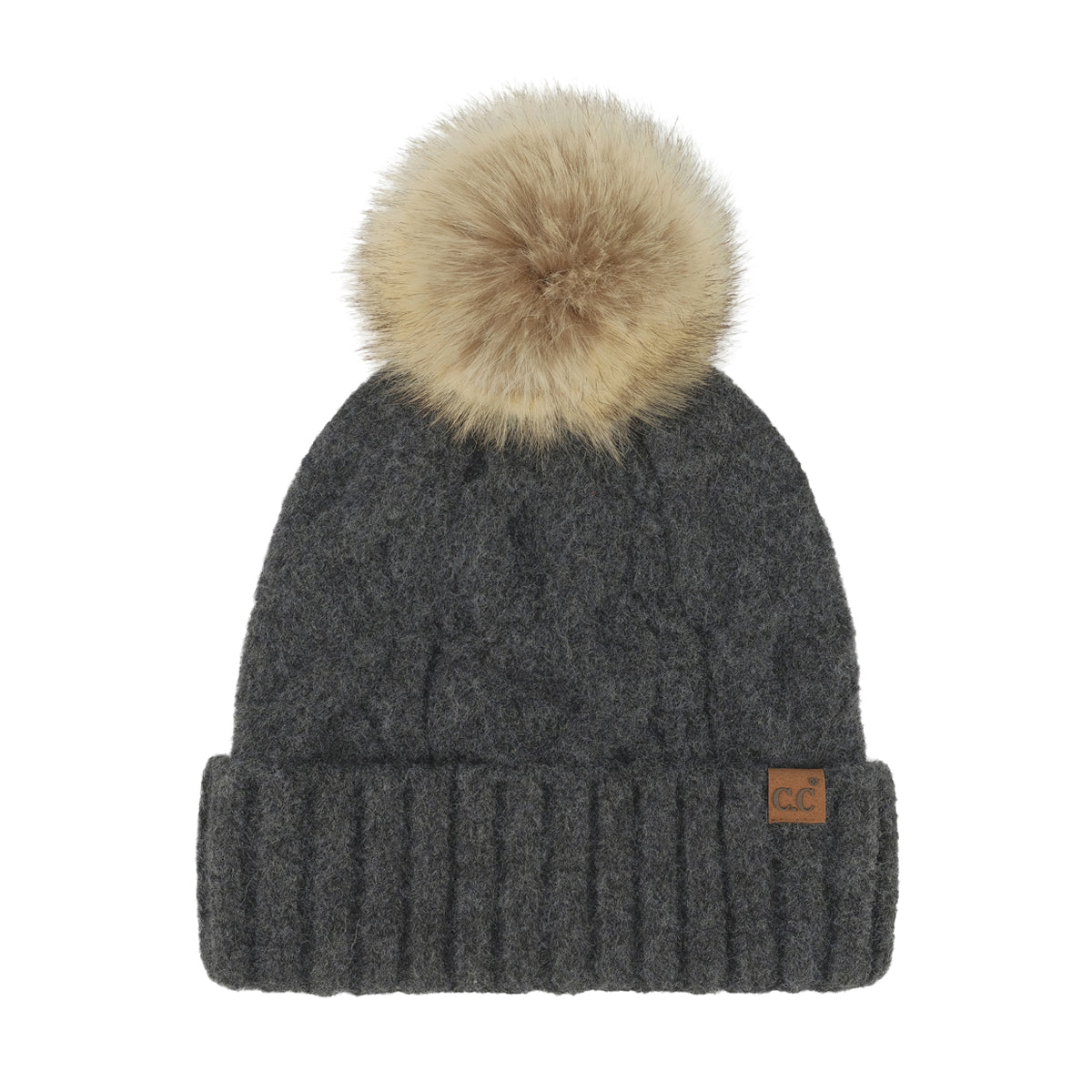 Recycled Yarn Cable Knit Pom Beanie – Faux Fur Pom, Satin Lined Winter Hat