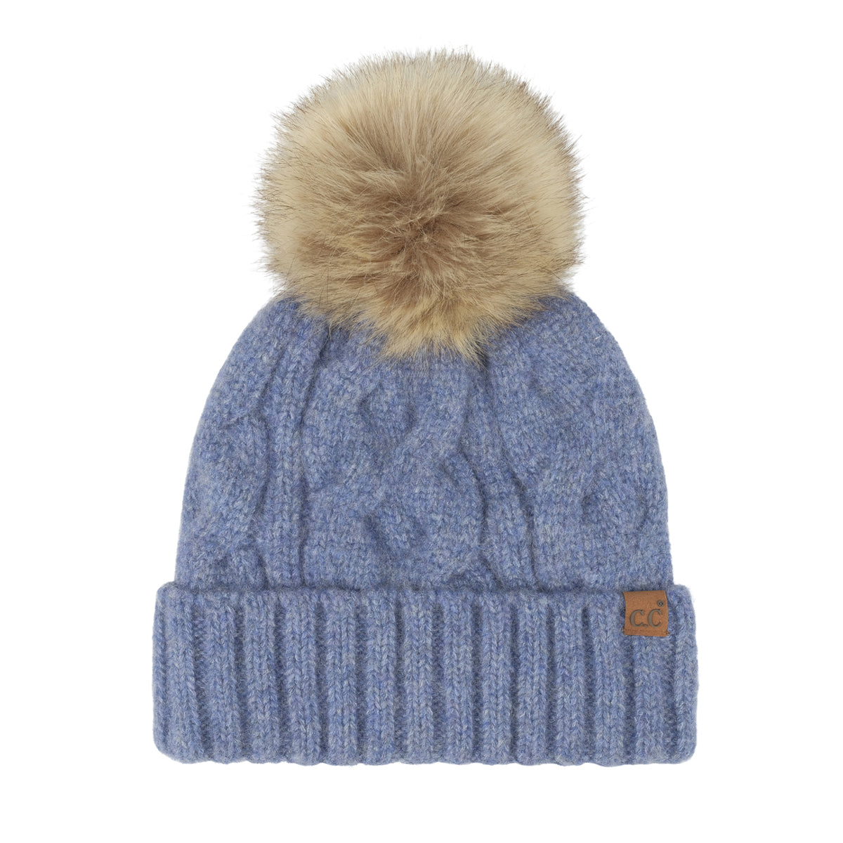 Recycled Yarn Cable Knit Pom Beanie – Faux Fur Pom, Satin Lined Winter Hat