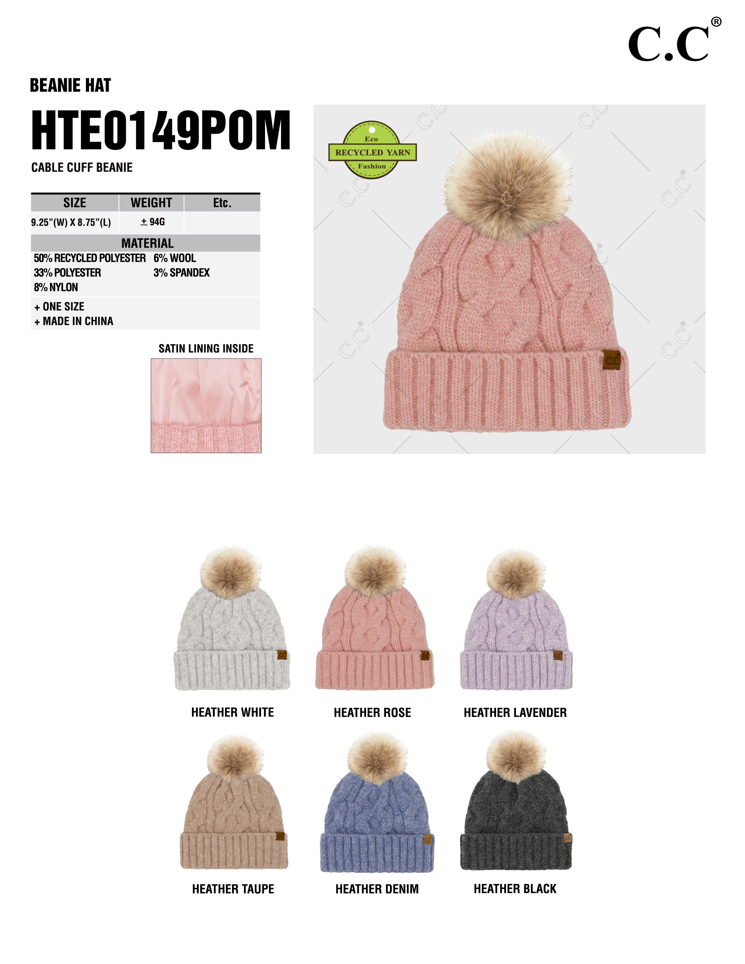 Recycled Yarn Cable Knit Pom Beanie – Faux Fur Pom, Satin Lined Winter Hat