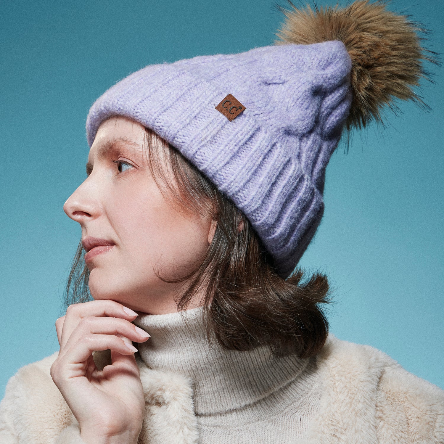Recycled Yarn Cable Knit Pom Beanie – Faux Fur Pom, Satin Lined Winter Hat