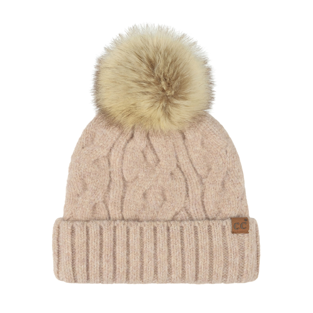 Recycled Yarn Cable Knit Pom Beanie – Faux Fur Pom, Satin Lined Winter Hat