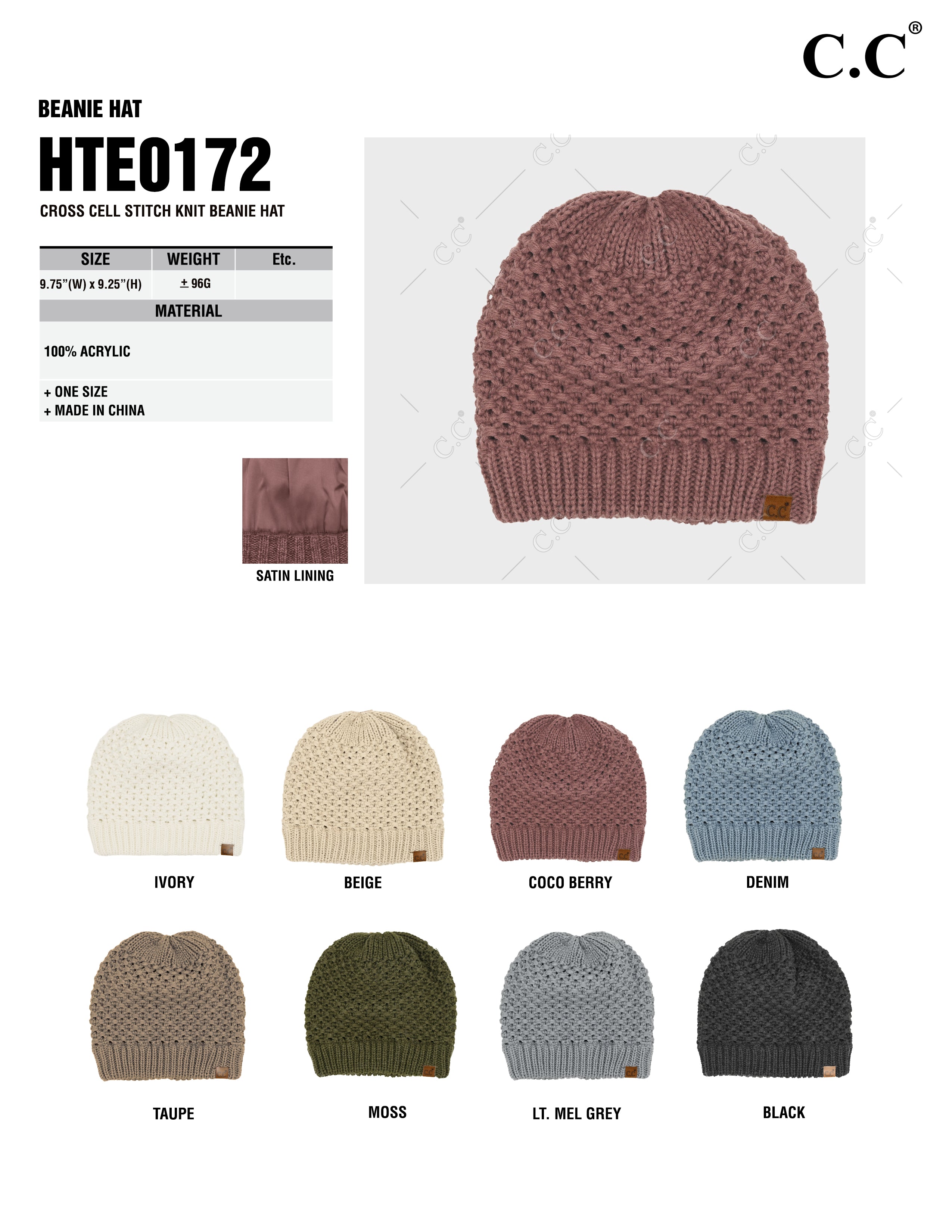 Cross Cell Stitch Knit Beanie with Satin Lining